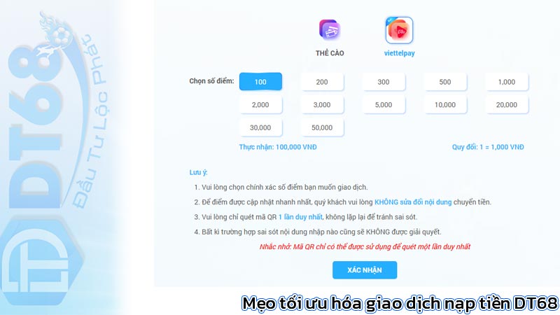 Mẹo tối ưu hóa giao dịch nạp tiền DT68